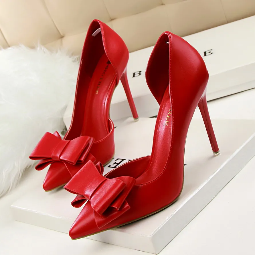 BIGTREE 7 Colors Sweet Bowtie Pointed Toe Women Pumps New Fashion Patent Leather Sexy Side Cut-outs Shallow High Heels Shoes