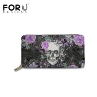 forudesigns vintage women clutch luxury wallets gothic skull with rose flower print ladies long leather coin money bag purse