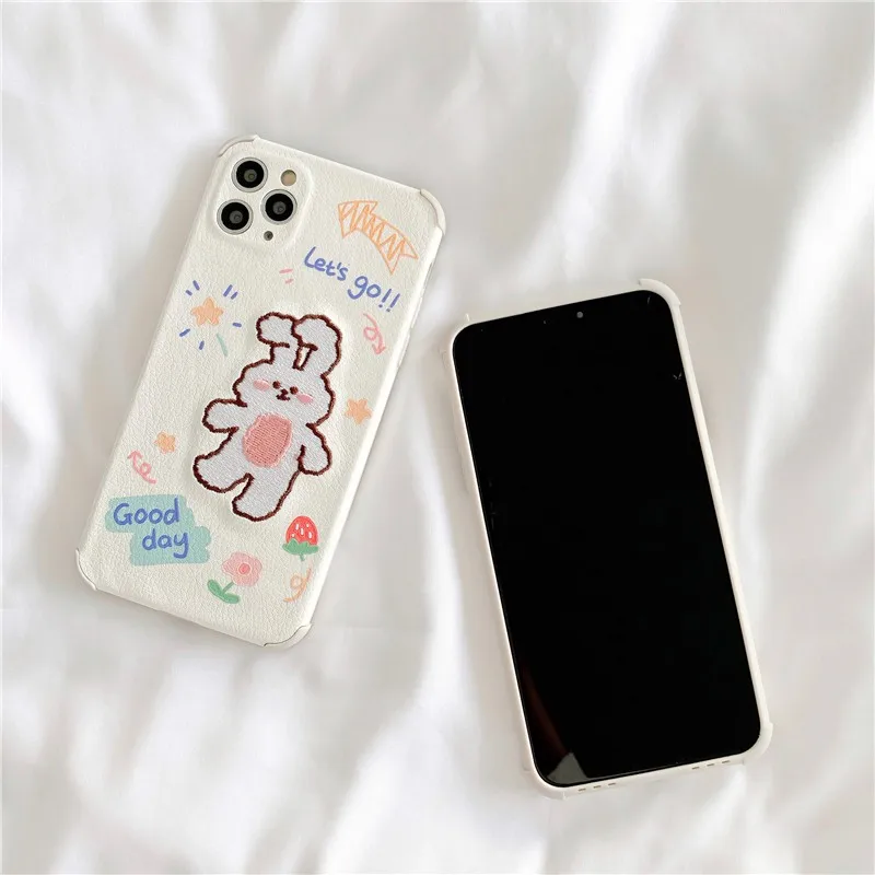 

Cute 3D Embroidery rabbit girl soft Case For iPhone 11 12 Pro Max mini 7 8 Plus XR X XS MAX SE 2 pu leather phone cover fundas