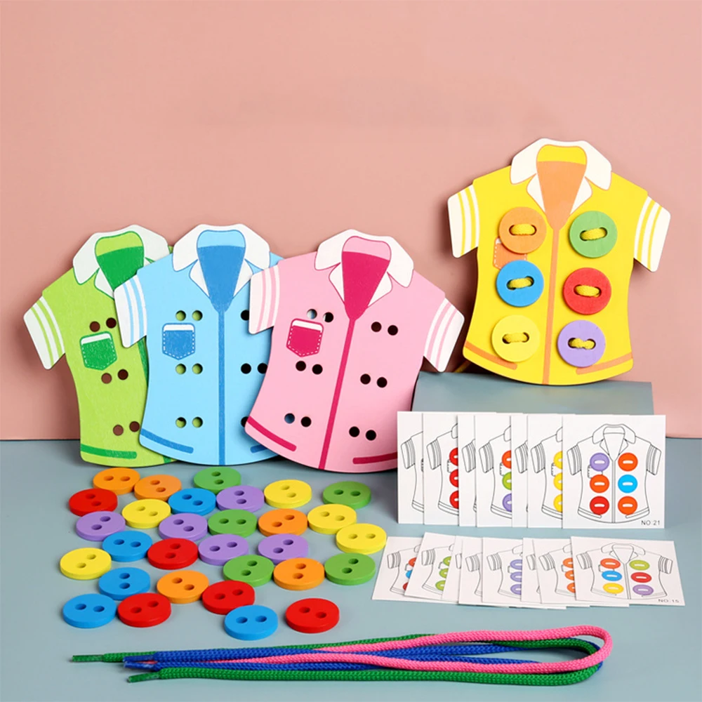 

Children's Handmade Toys DIY Wear Sewing Button Game Montessori educational wooden toy Hand Eye Coordination Threading Board
