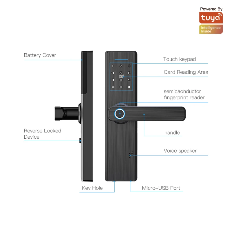 

Электронный умный дверной замок Tuya с Биометрическим отпечатком пальца/смарт-картой/паролем/разблокировкой ключа/USB аварийной зарядкой, Wi-Fi