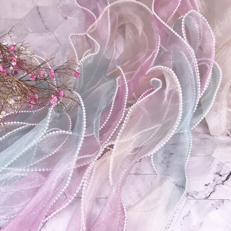 Лента из органзы с градиентом и жемчугом 2 ярда 55 мм для рукоделия упаковки