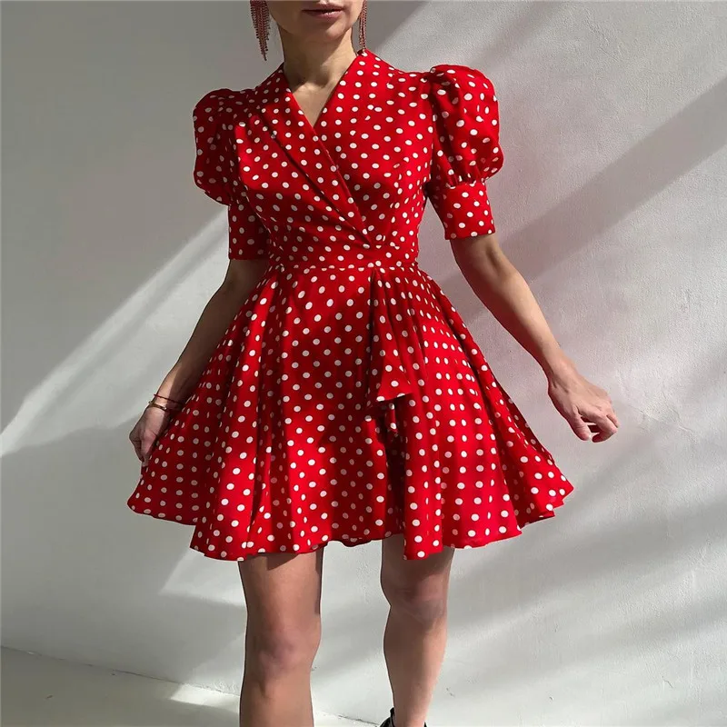 

Summer Women Elegant Dress Vintage Floral Print Dress Robe Femme Sundress Vestidos Polka Dot Party A-line Short Dress