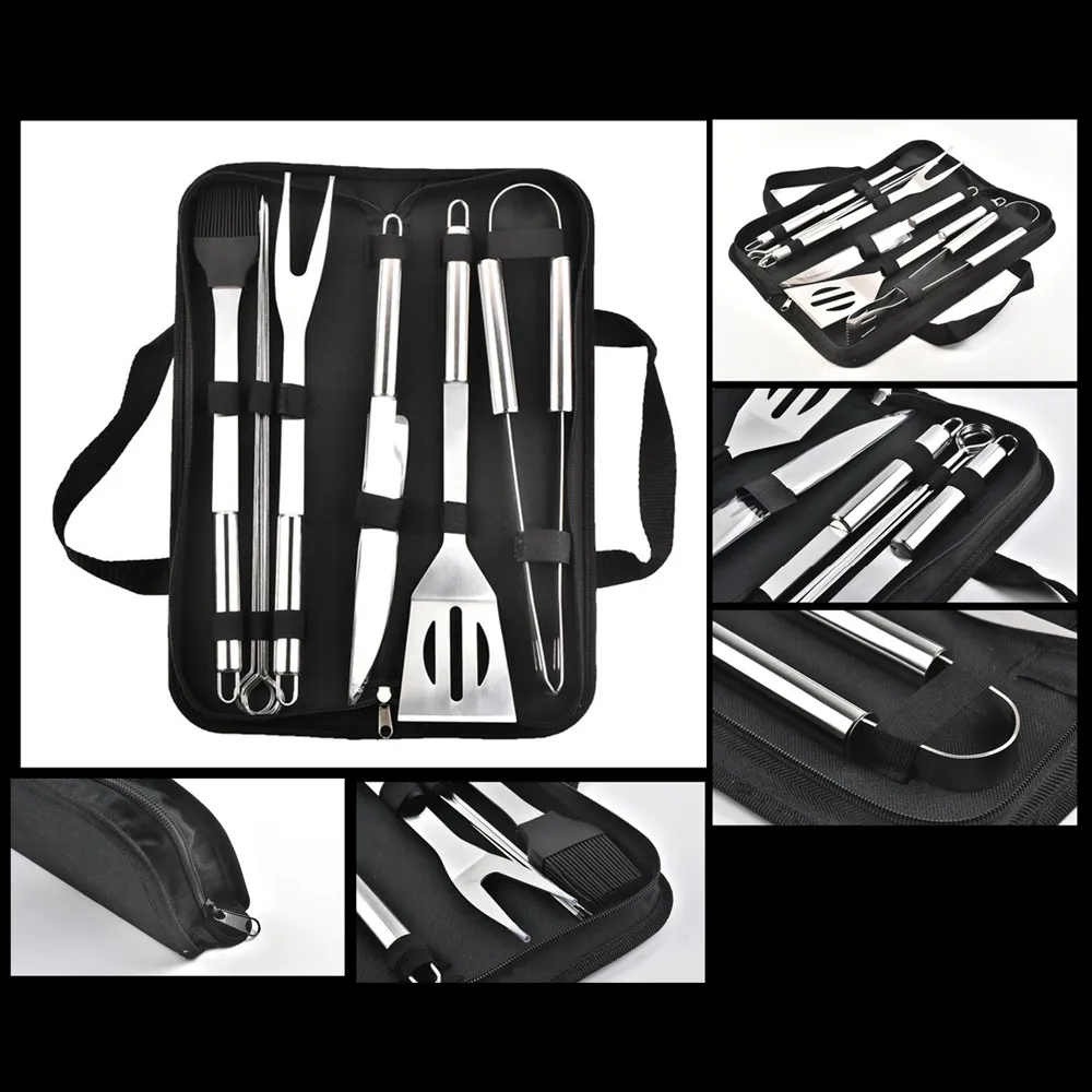 9pcs/set Stainless Steel BBQ Tools Set Barbecue Grilling Kit Knife Fork Shovel Brush Clip Skewers With Oxford Bag Utensil |