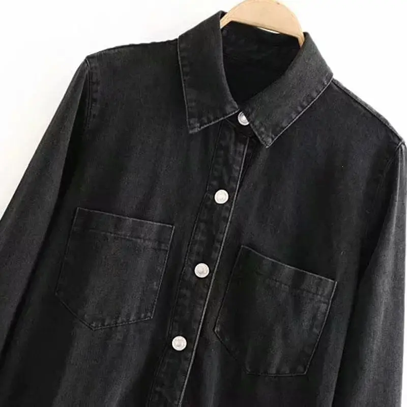 Модное женское черное джинсовое короткое платье с отложным воротником