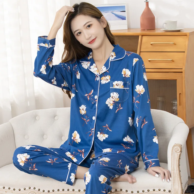 Autumn and Winter Cotton Ladies Pajamas Lapel Cardigan Long-sleeved Trousers Two-piece Casual Loose Fashion Home Service
