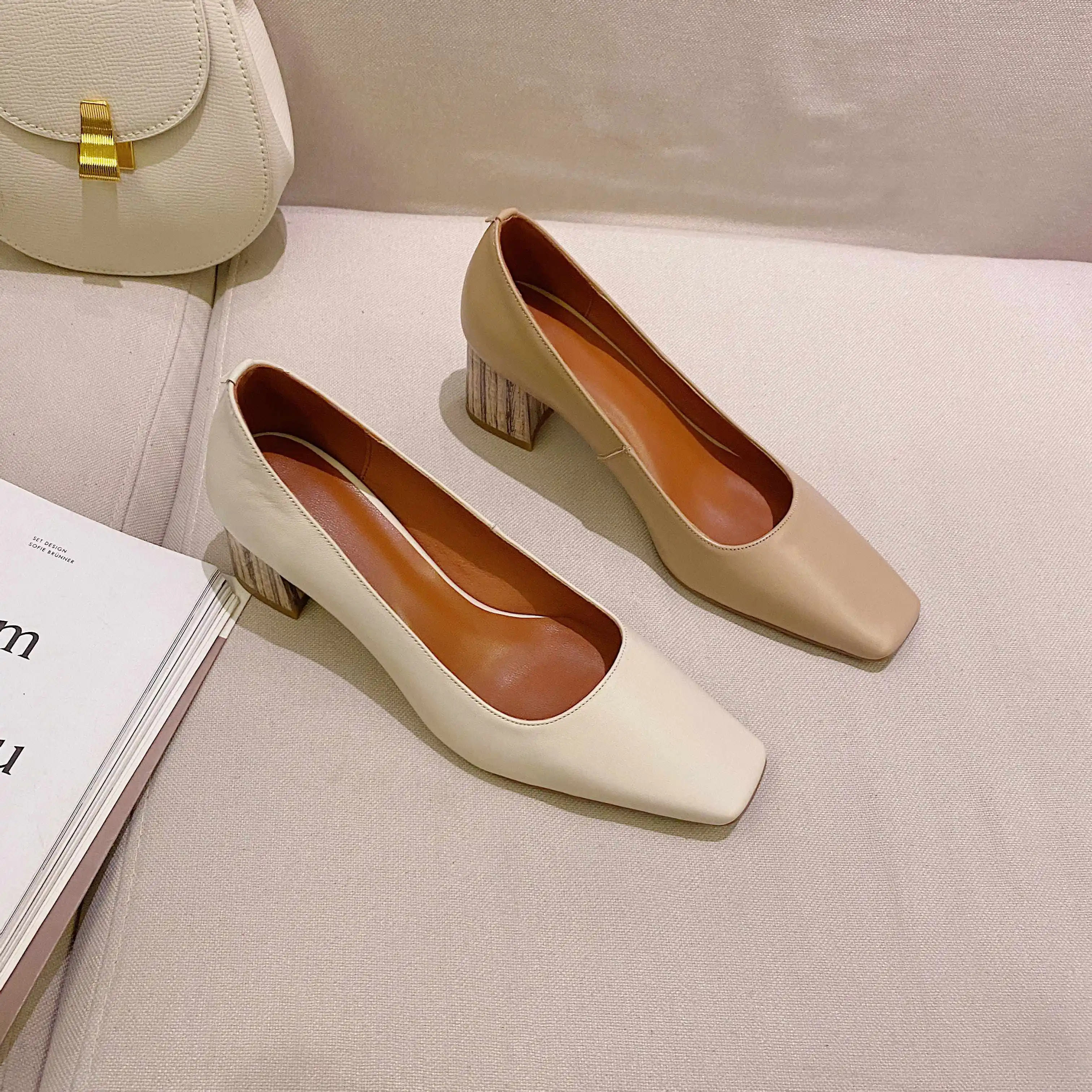 

Krazing pot hot european style full grain leather elegant lady square toe thick high heel slip on gorgeous gentlewomen pumps L20