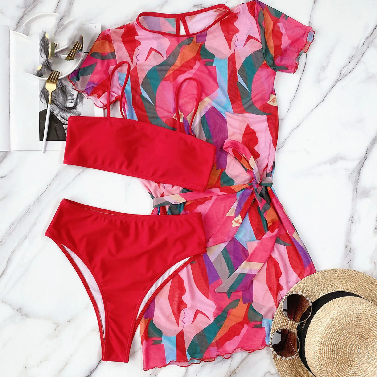 

Womail bikini sexy bikini Fashionista Lady Sexy Containing Chest Pad Solid Bikini Set Three Piece Swimsuit see through bikini