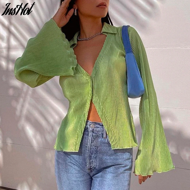 

Deep V Neck Women Y2k Sexy Crop Top 2021 Autumn Fashion Green Long Flare Sleeve Button Blouses Ladies Vintage T Shirts