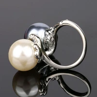 double color simulated pearl rings for women shinning rhinestones wide alloy band statement ring fashion jewelry
