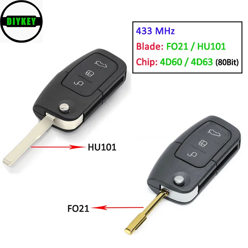 

DIYKEY Flip Remote Key 4D60/ 4D63 Chip 3 Button for Focus Mondeo C Max S Max Galaxy Fiesta 2006-2010 433MHz HU101 / FO21 Blade