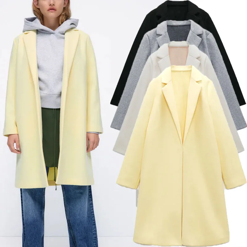 

Za 2021 Autumn Long Open Coat Women Long Sleeve Lapel Collar Office Lady Jacket Chic Side Pockets Female Loose Elegant Outerwear