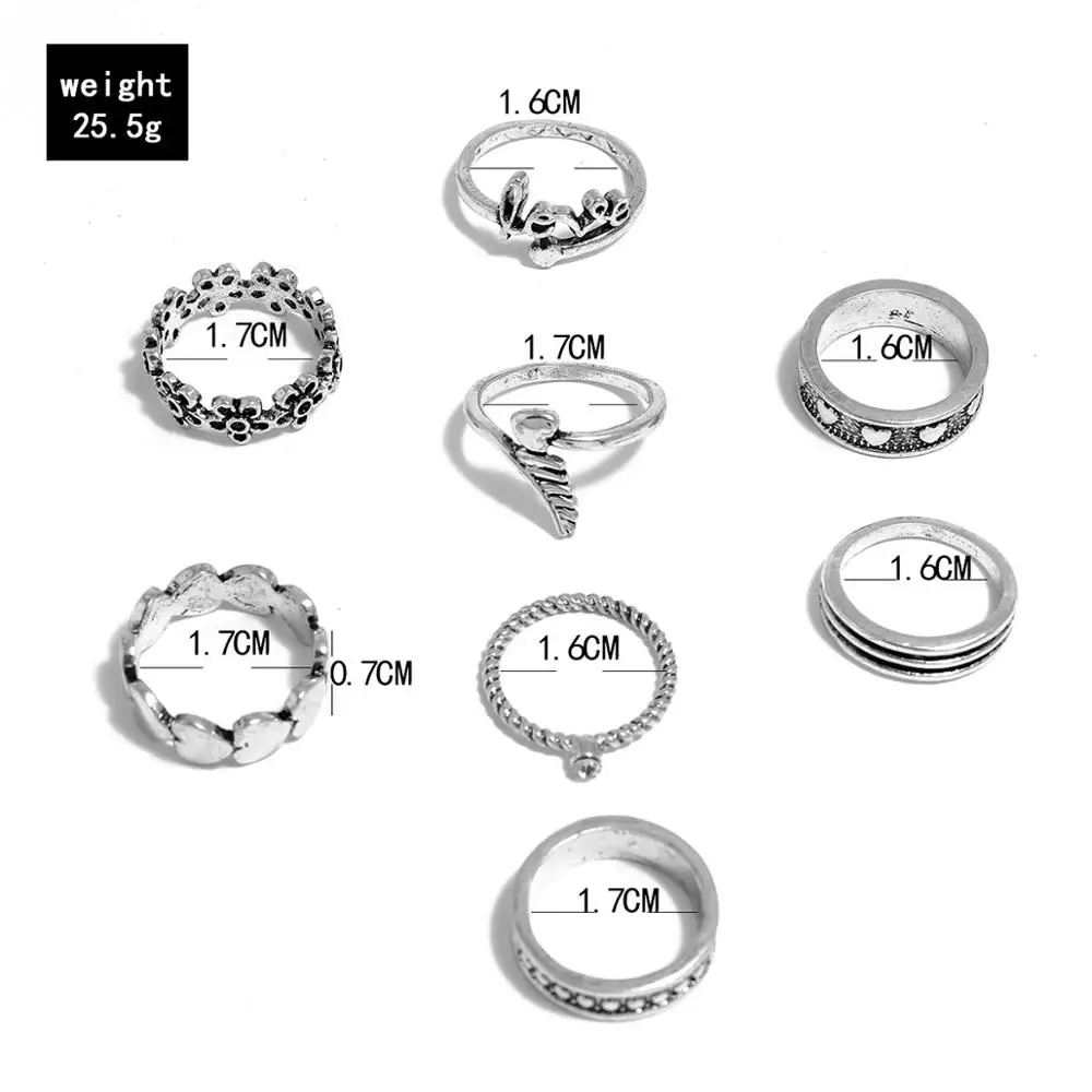 

8pc/set Vintage Bohemian Heart Wing Knuckle Joint Rings Set For Women Crystal Hollow Flowers Finger Rings Jewelry Gifts 2021 New