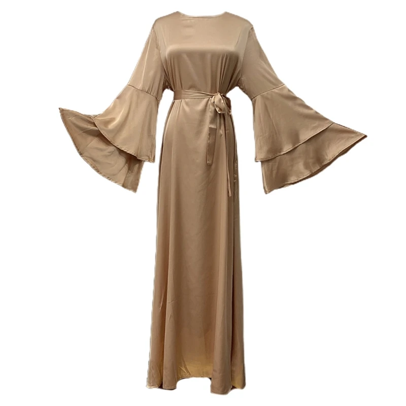 

Рамадан ИД Макси платье с расклешенным длинным рукавом абайя мусульманский кафтан атласное платье