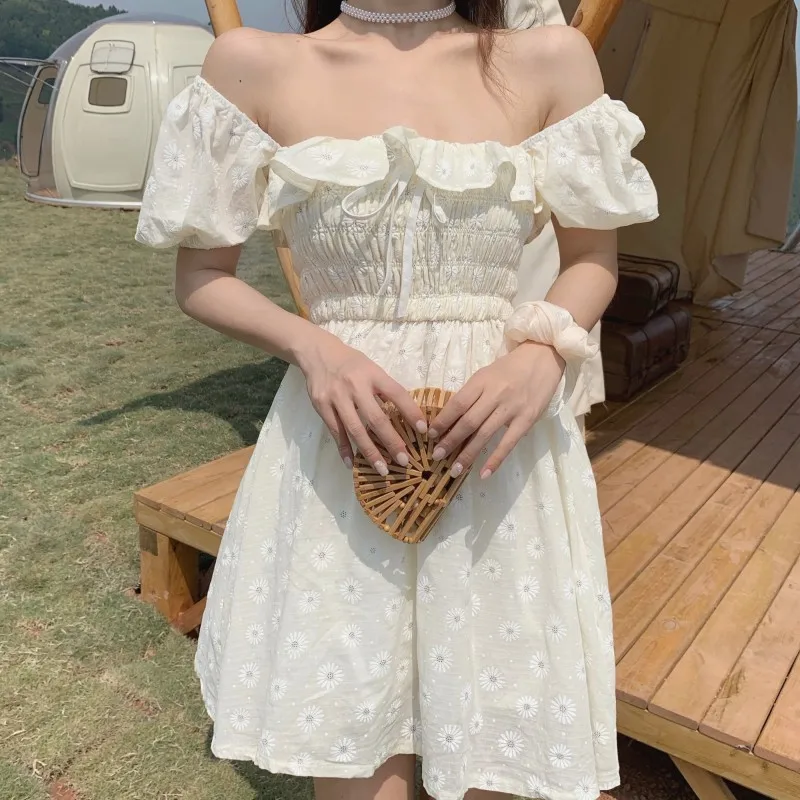 

Daisy embroidery dress 2021 women's summer new slim slash neck high waist fashion dress mori girl lady ruffles dresses