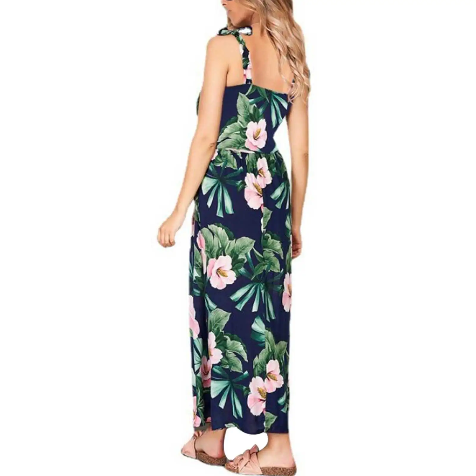 

Ladies Casual Bohemian Style Maxi Dress, Floral Print V-Neck Sleeveless for Siamese Dress Summer, S/M/L
