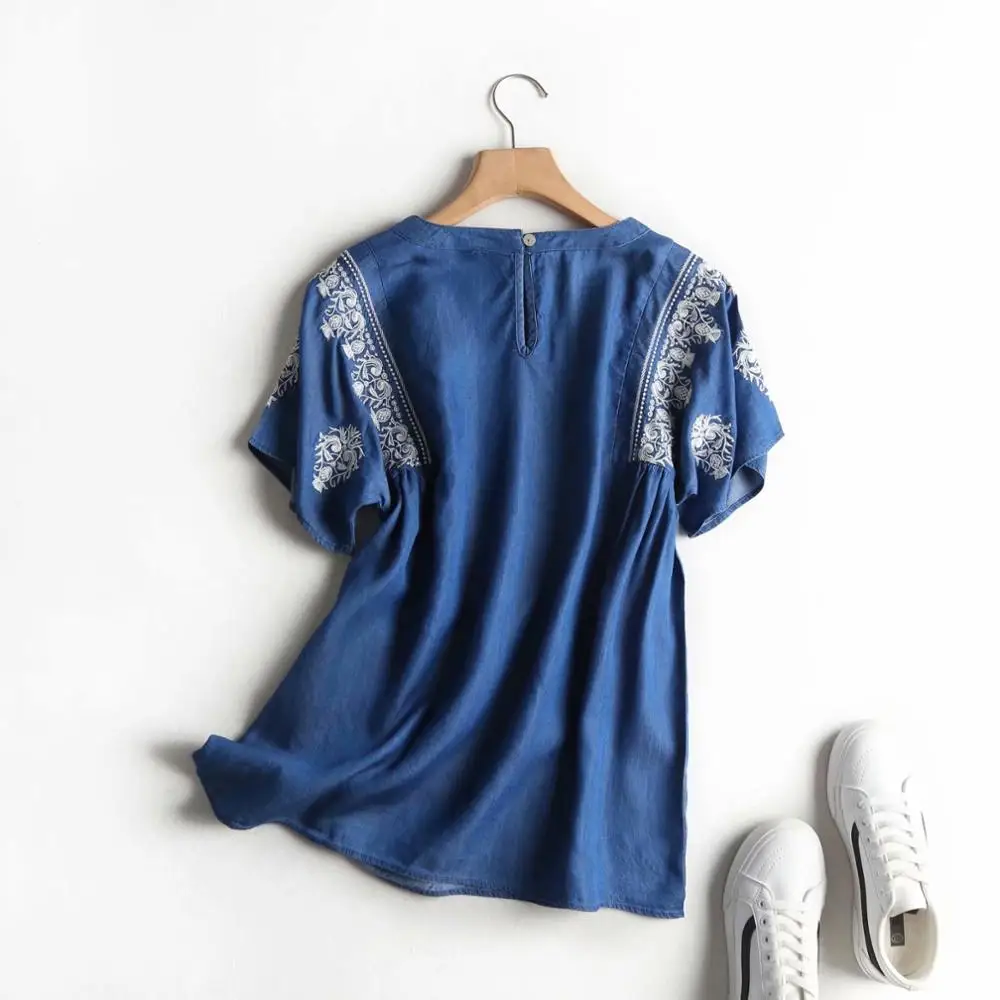 Блузка женская джинсовая с вышивкой Повседневная Свободная рубашка коротким