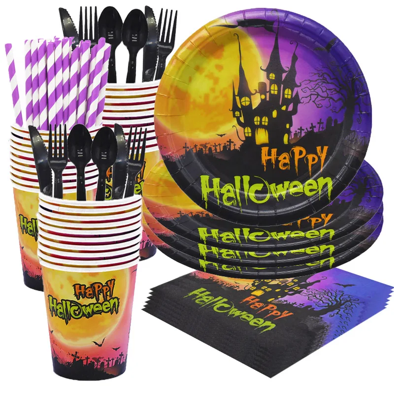 

Happy Halloween Party Supplies Disposable Tableware Horror Theme Paper Plates Cups Straws Trick or Treat Toys Home Decorations