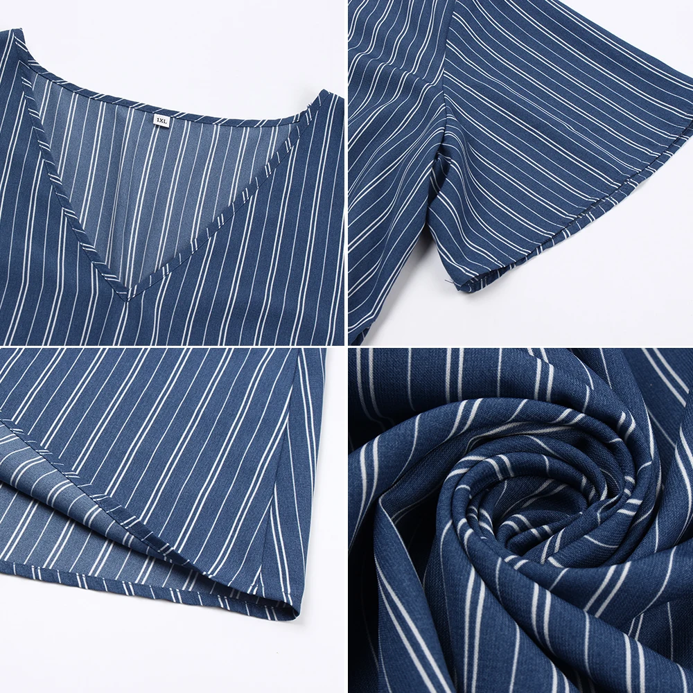 

2020 Large Size Women's Dress Summer Short-Sleeved V-Neck Cotton Retro Casual Wear Striped Belt Mid-Length Elegant Fashion Dress