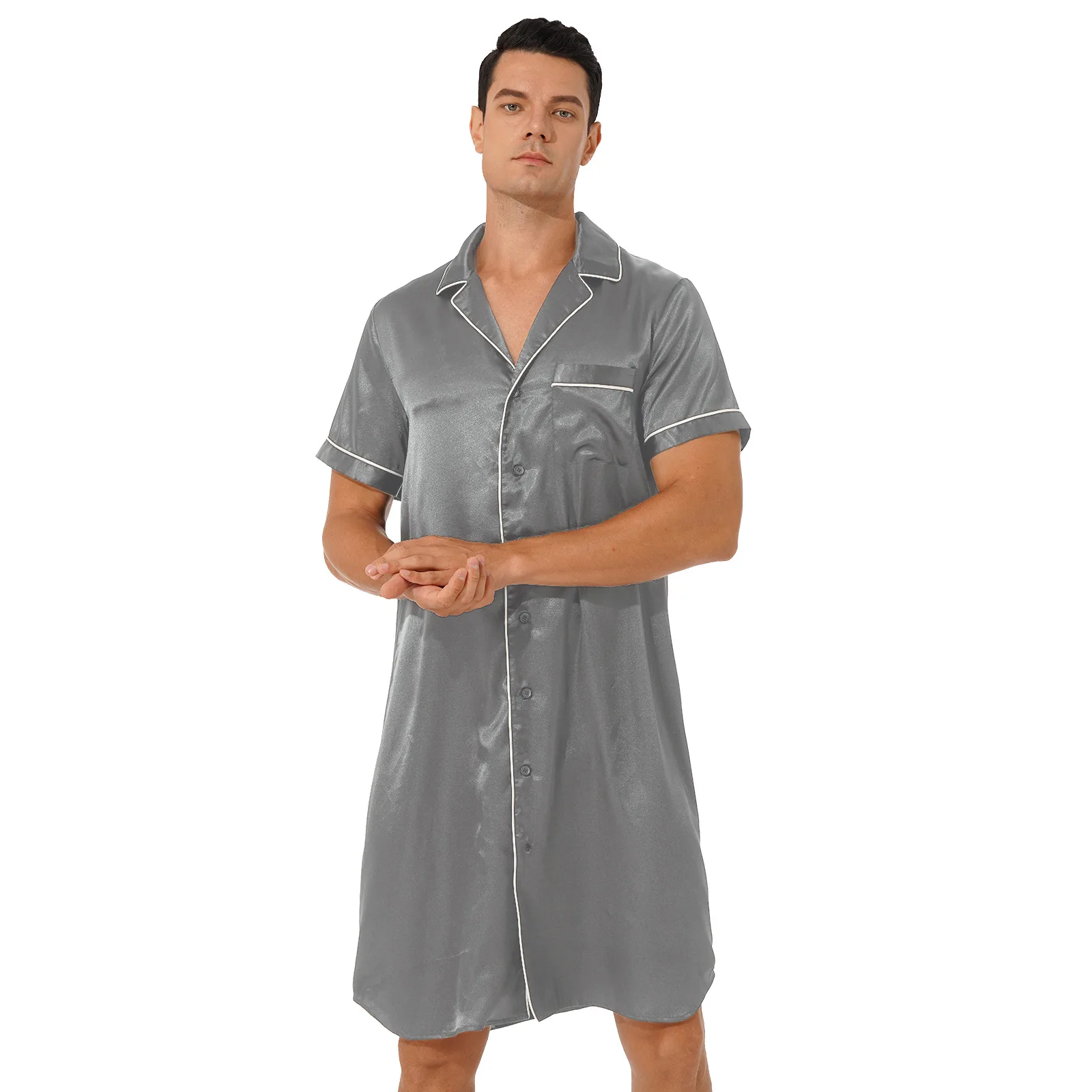

Men Notched Collar Satin Nightshirt Casual Shirt Curved Hem Loose Sleepwear Loungewear Short Sleeve Button Down Pajamas