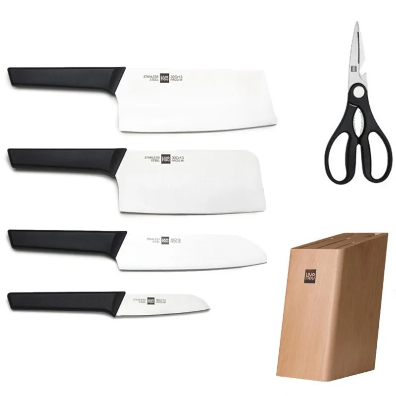 HUOHOU Stainless Steel Kitchen Knife Set 6pcs with Cutter Holder Chopping Slicing Tool Fruit Scissor | Электроника