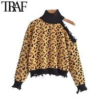 traf women fashion leopard print frayed trims knitted sweater vintage high neck strapless female pullovers chic tops