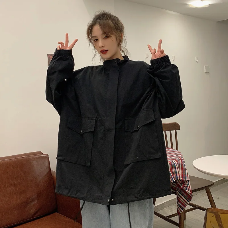 

2021 spring and autumn loose stand-up collar solid color free size casual tooling jacket jacket tops female bat sleeves