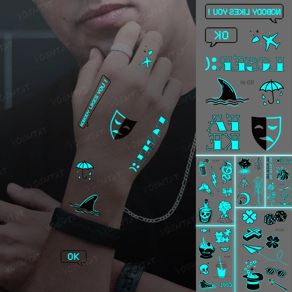 

Cute Glow Tattoo Sticker Text Mask Skull Waterproof Temporary Tatoo Christmas Party Face Arm Fake Tatto Men Women Kids