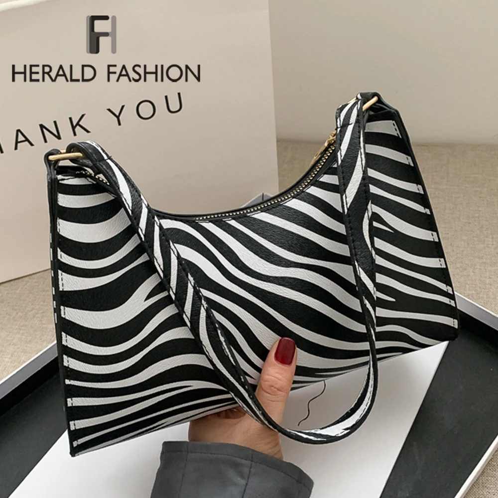 

Fashion Zebra Print Women Luxury Handbag PU Leather Underarm Shoulder Bags Female Daily Design Baguette Shape Totes Purse Pouch