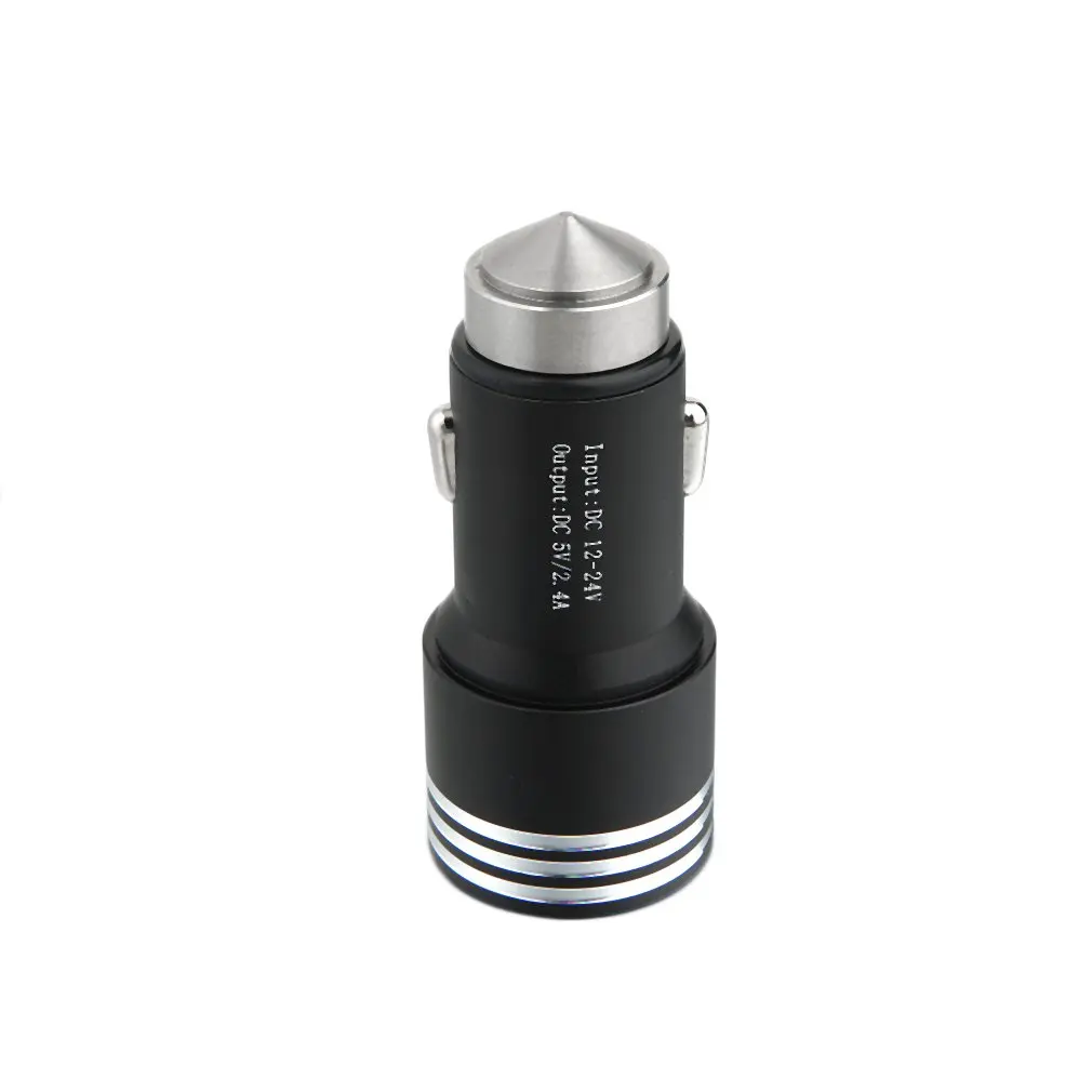 four color High Quality 5V 2.4A Car Charger 2 USB Stainless Steel Emergency Hammer Cigarette Lighter Chargers Promotion on sale |