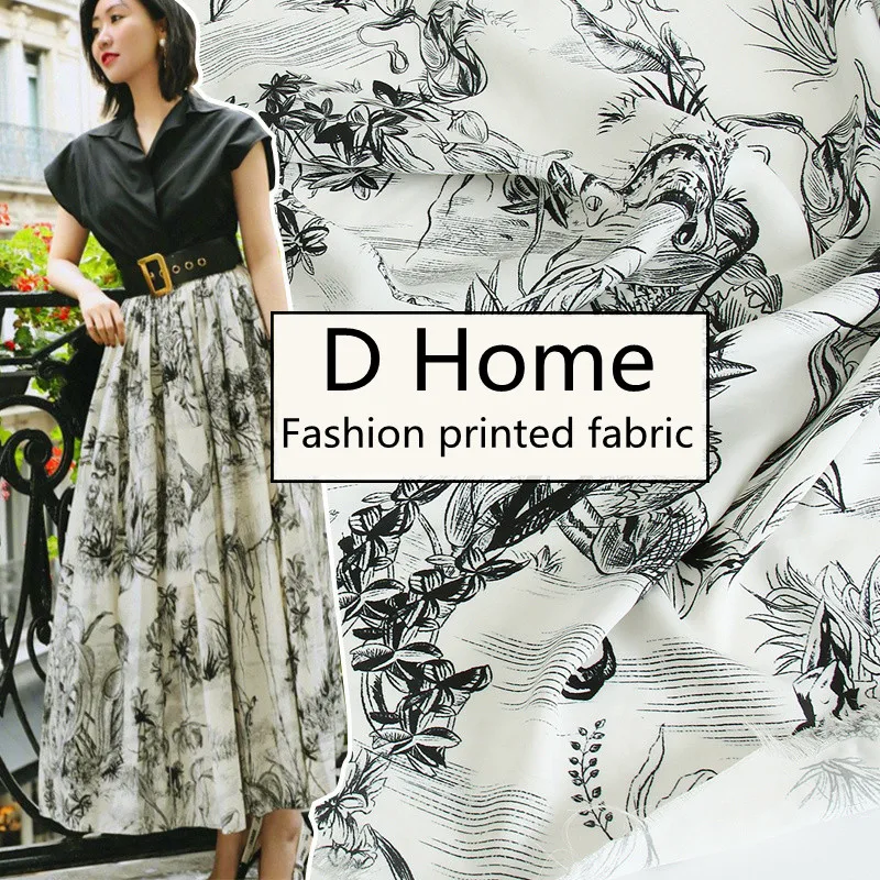 

22 Years New Fashion Style High-definition Handmade Fabric Black and White Ink Style Animal Flowers and Grass Printed Cloth