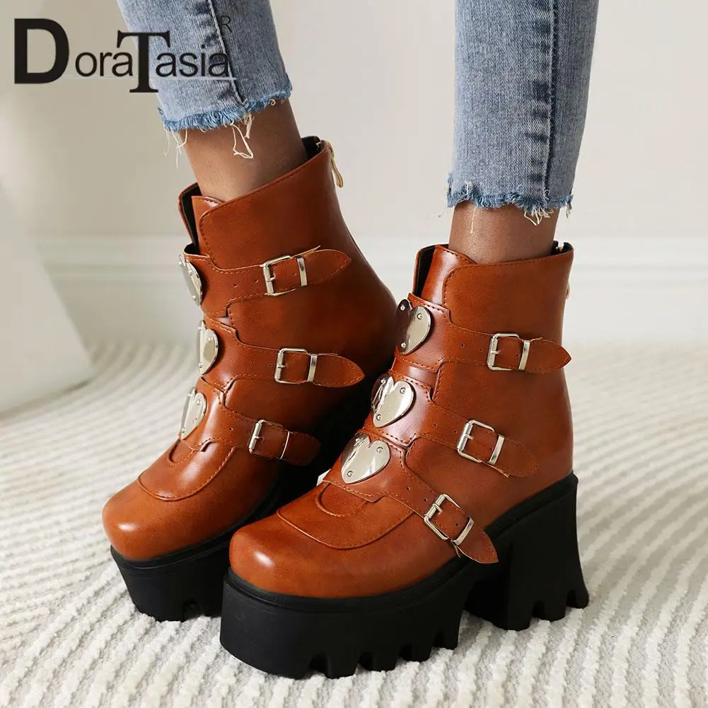 

big size 45 brand new ladies chunky high heels ankle boots fashion punk metal buckle boots women party goth platform shoes woman