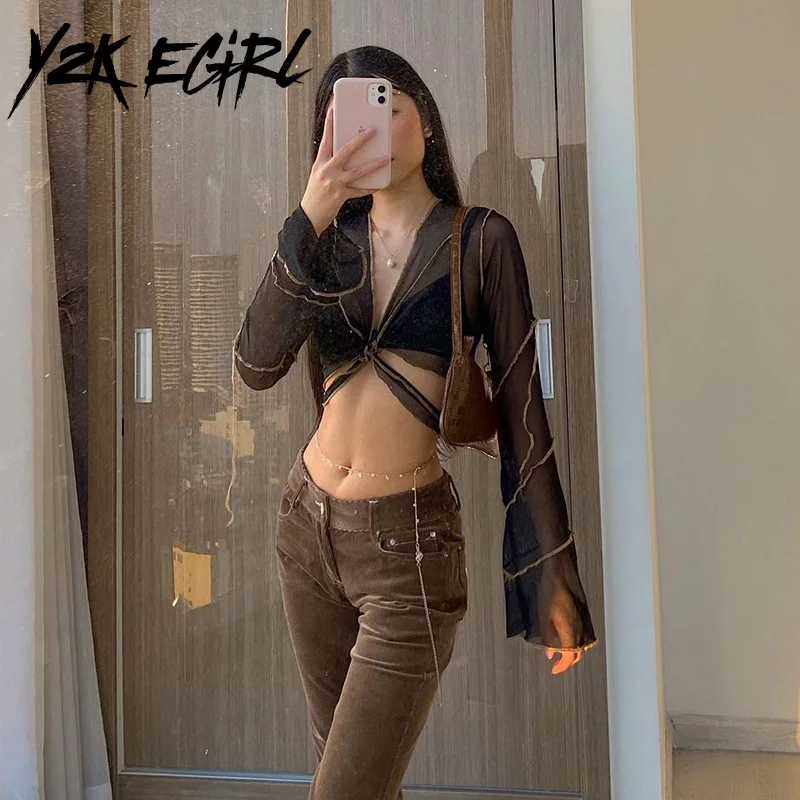 

Y2K EGIRL 90s Streetwear Bandage Black Mesh Tees Y2K Aesthetics V-neck Flare Sleeve Sexy Crop Top E-girl Outfit 2021 Transparent