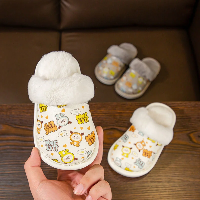 

Children's Cotton Slippers Autumn Winter Indoor Household Non Slip Soft Sole Warm Waterproof Pu Baby Slippers Plush for
