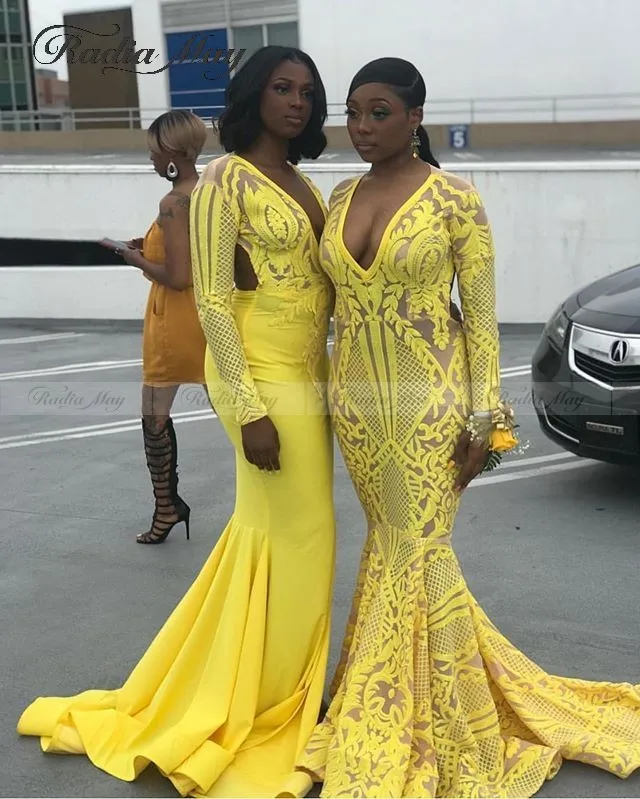 Сексуальные с глубоким v образным вырезом длинным рукавом русалки желтые платья