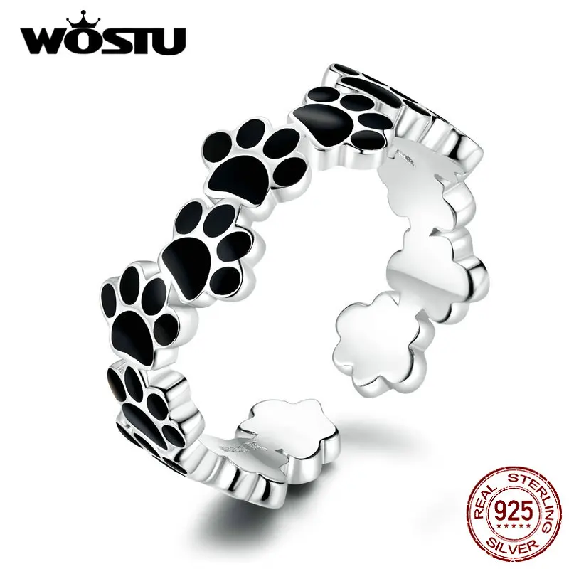 

WOSTU Authentic 925 Sterling Silver Footprint Paw Dog Ring For Women Adjustable Open Balck Rings Party Fashion Jewelry CQR603