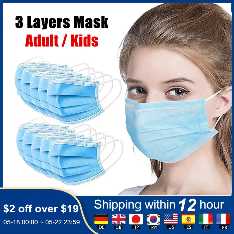 50 шт./лот 3-слойная одноразовая маска для лица детей и взрослых защиты от пыли