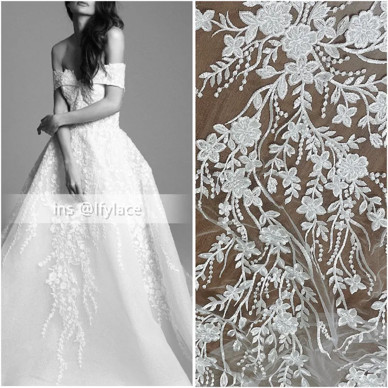 New Fashion Off White High Quality Floral Tulle Embrodiery Guipure Lace Bridal Wedding Dress French Lace Fabric  1 Yard