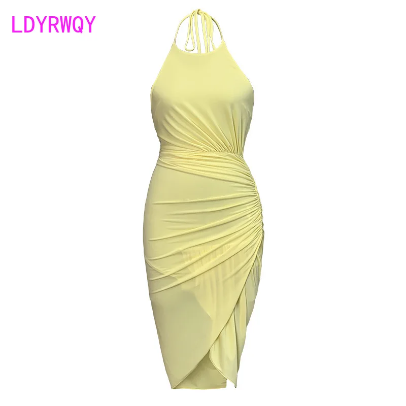 

LDYRWQY 2021 summer new women's halter neck lace folds waist strapless irregular stretch dress Zippers Office Lady