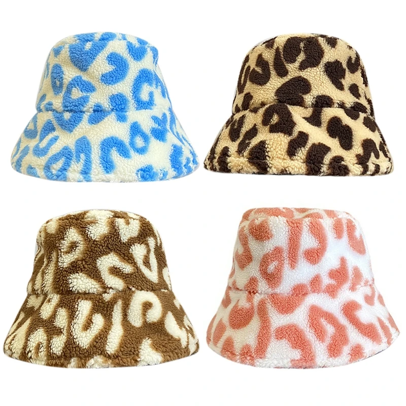 

Casual Leopard Print Bucket Hat Lamb Wool Fisherman Easter for Couples Girls L5YB
