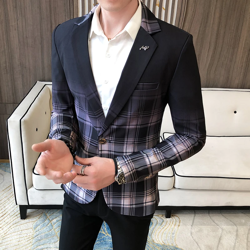 

Men Plaid Blazer 2020 Spring Mens Fashion Contrast Color Grid Pattern Suit Jakects Splicing Slim Casual Mens Suits Blazers