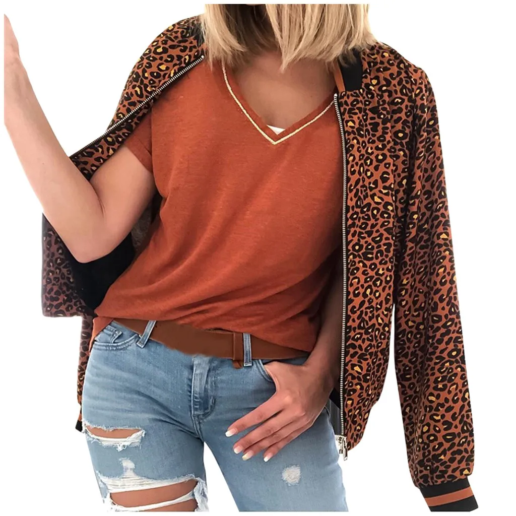 Women's Coat New Retro Leopard Printing Long Sleeves Zipper Up Jacket Short Outwear Autumn Winter Fashion Casual Clothes#A