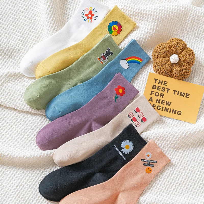 

Модные милые цветочные носки для женщин, белый, фиолетовый, розовый, Kawaii/Хлопковые Экипаж Носки без пятки с рисунком радуги Harajuku Цветной нос...