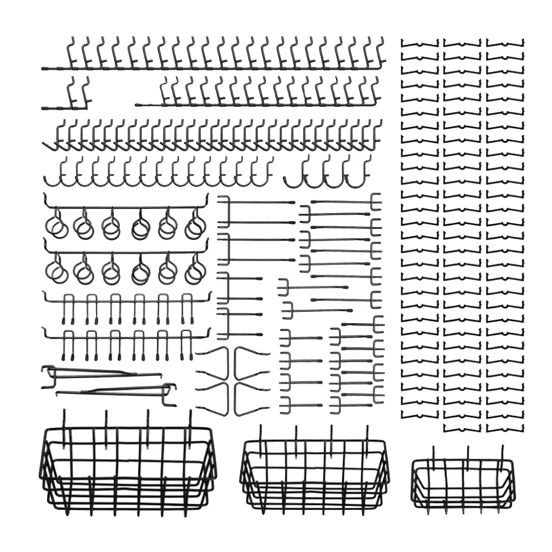 

211 Pcs Pegboard Hooks Assortment with 3 Baskets Organizing Tools Garage Storage System for Kitchen Craft Room Black