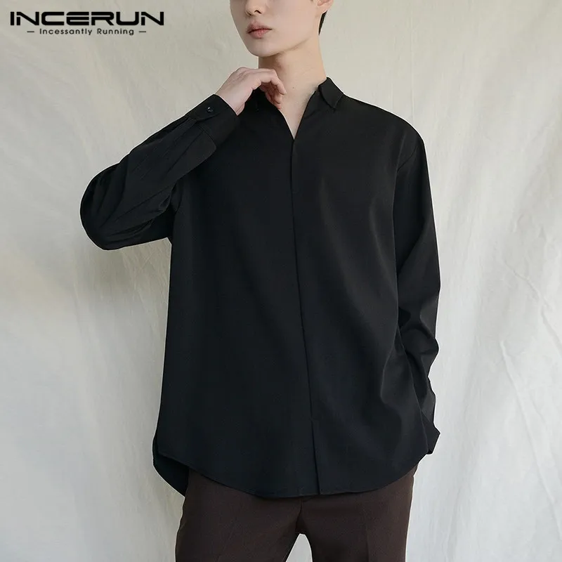 

Solid Color Dress Camisa INCERUN Leisure Men Shirts Autumn Man Long Sleeve V Neck Social Shirts Fashion Korean Style Blusas 5XL