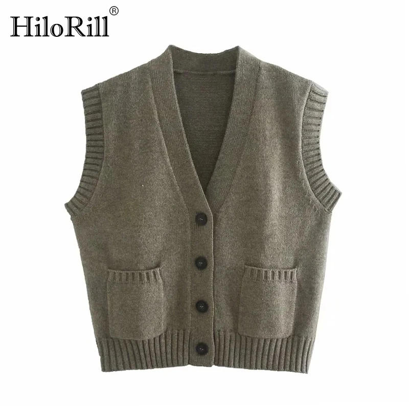 

HiloRill Women Knitted Sweater Vest Cardigan Autumn 2021 Sleeveless Solid Casual Sweaters Tops Loose V Neck Pockets Waistcoat