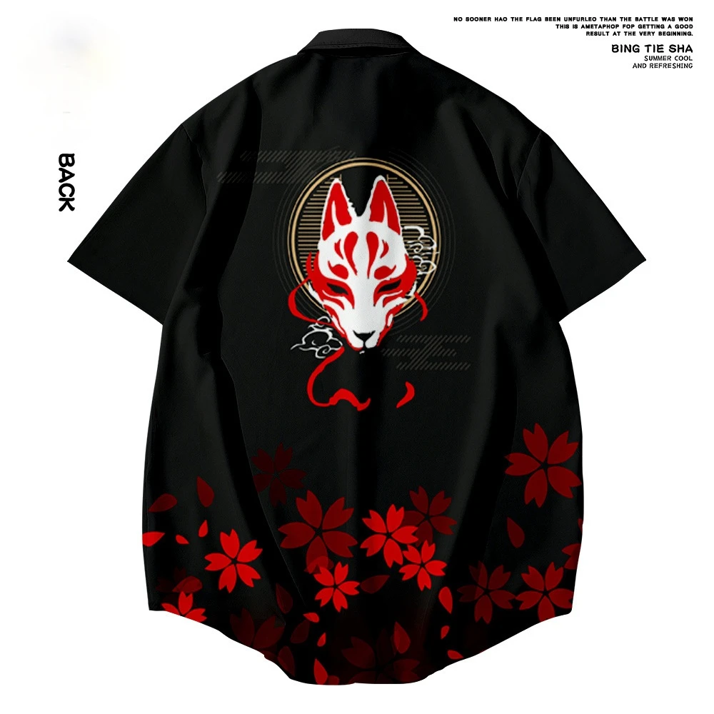 

2021 Japanese Style Men Fox Streetwear Hawaiian Shirt Beach Shirt Summer Short Sleeve Harajuku Hip Hop Black Aloha Shirt