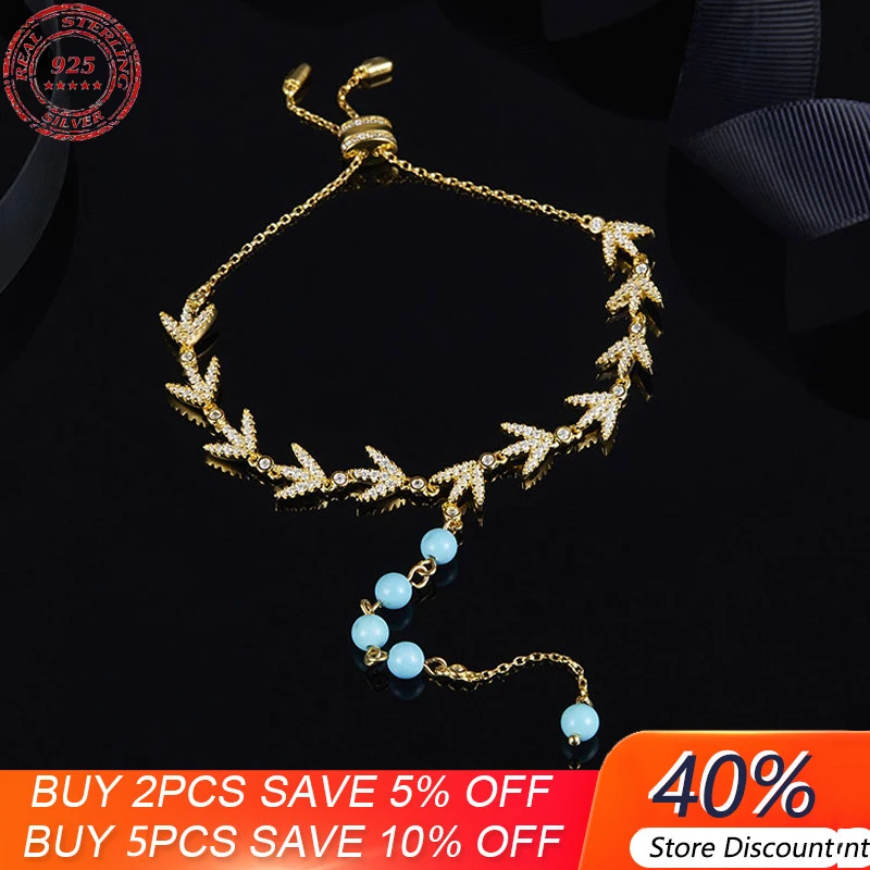 

S925 Sterling Silver Bay Leaf Bracelet Female Turquoise Tassel Elegant Fashion Temperament Luxury Brand Monaco Jewelry