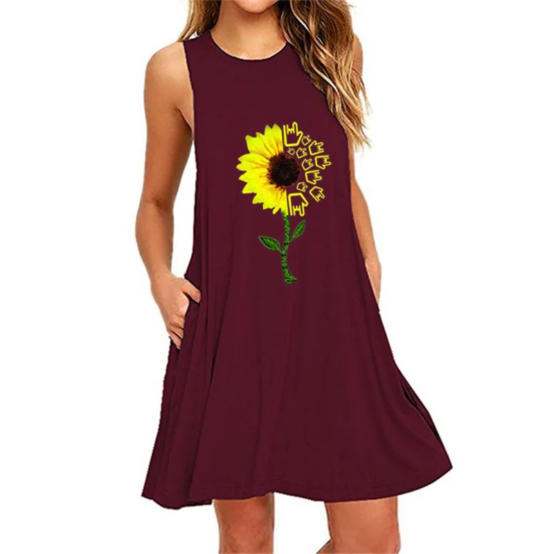 

Sunflower Print Women's Summer Dresses 2021 Casual O-Neck Sleeveless Loose A-Line Dress Ladies 6XL Oversized Mini Dress Female