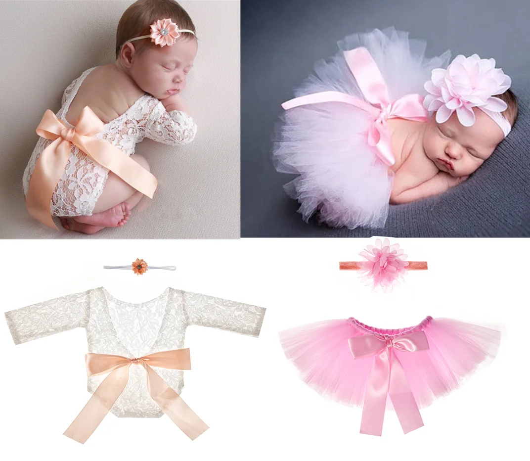 

Newborn Photography Prop Infants Baby Photoshoot Props Pink Tutu Skirt and White Lace Rompers Sets Shoot Outfits for 0-6 Months